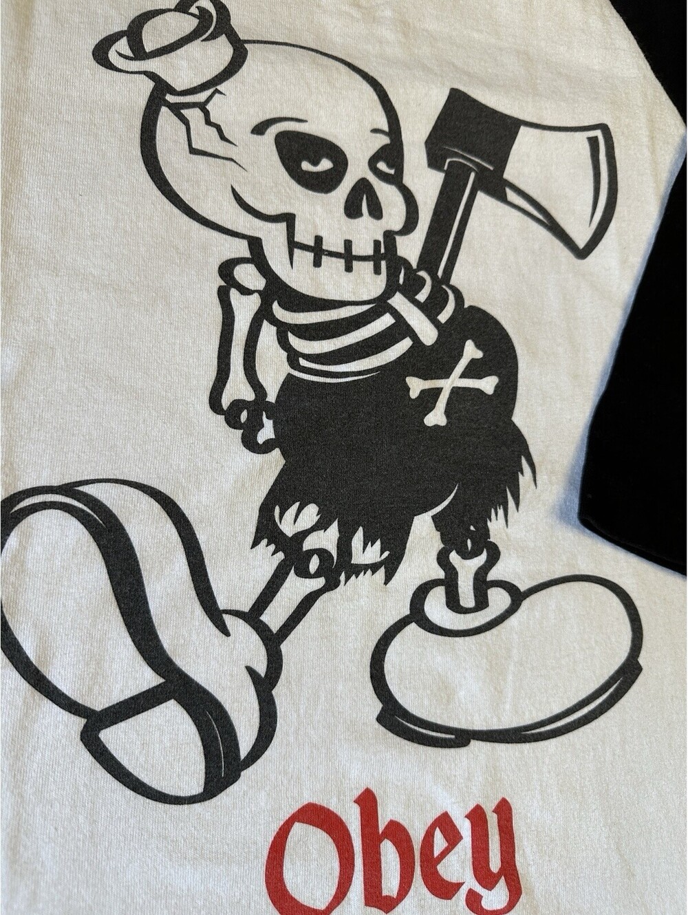OBEY Sailor Skeleton Axe Y2k Vtg T-Shirt Baseball Raglan Sz M Skate Streetwear